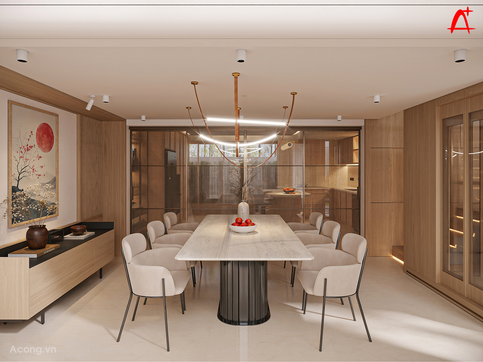 Bố cục mở giúp kết nối phòng khách và khu bếp, tăng tương tác và tối ưu diện tích sử dụng.